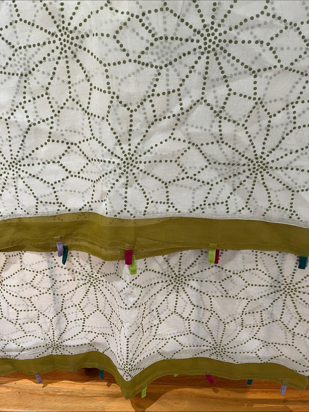 Sheer White cotton tablecloth/curtain/shawl with Olive Border and Colorful Tabs